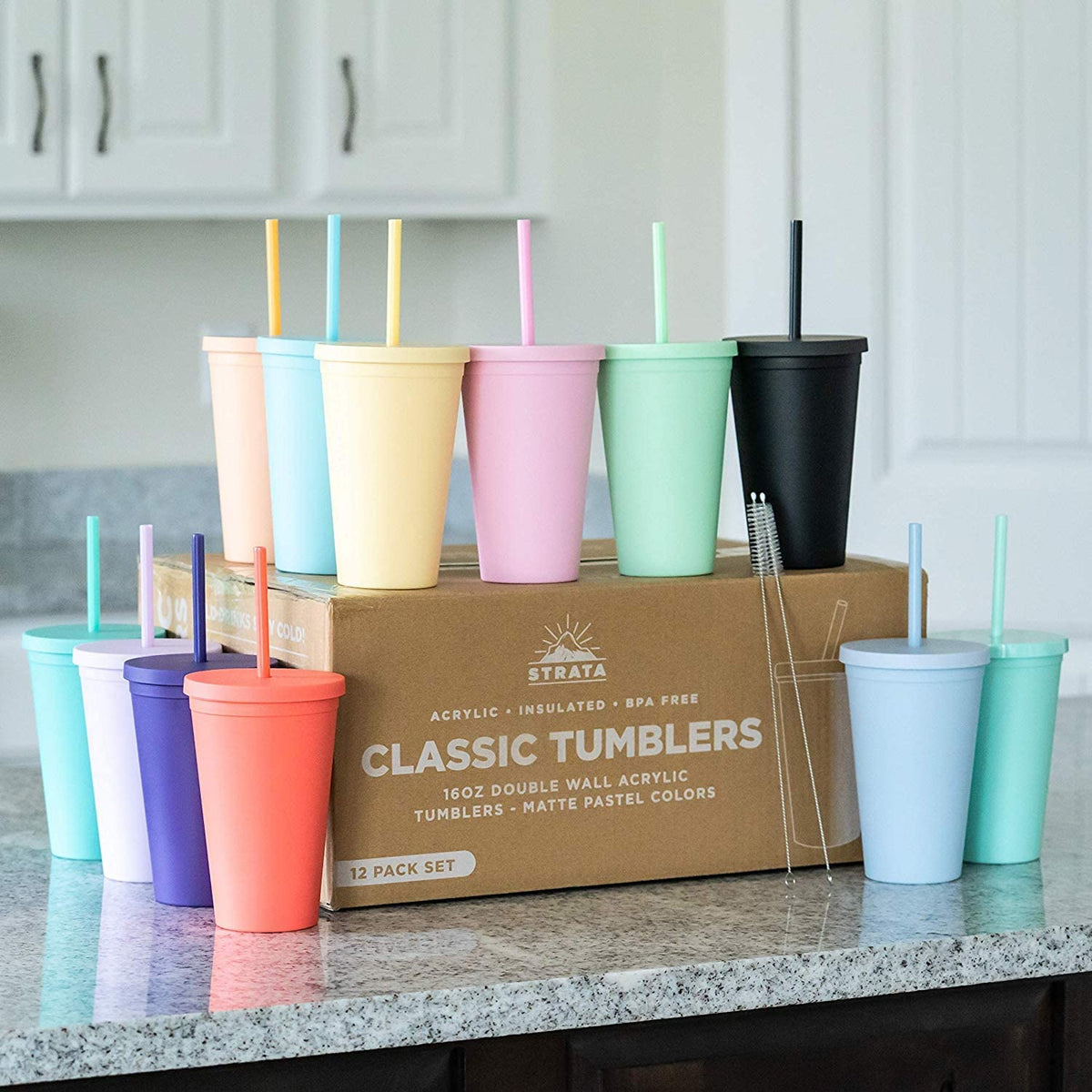 SKINNY TUMBLERS Matte Pastel Colored Acrylic Tumblers with Lids and Straws  (4 pack) | 16oz Double Wall Plastic Tumblers With FREE Straw Cleaner!