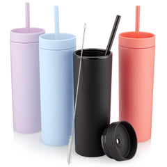 SKINNY TUMBLERS (4 pack) Matte Colored Acrylic Tumblers with Lids and Straws, Skinny, 16oz Double Wall Plastic Tumblers With Straw Cleaner INCLUDED!  Reusable Cup With Straw